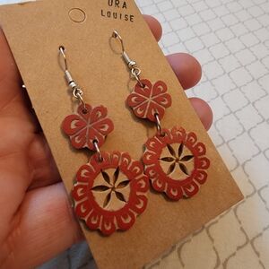 Hand Crafted Balsa Wood Red Floral Earrings